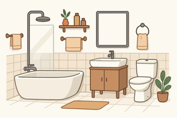 Modern bathroom. Cartoon bathroom interior with bathtub and shower, indoor facilities interior flat vector illustration. Convenient minimalist bathroom