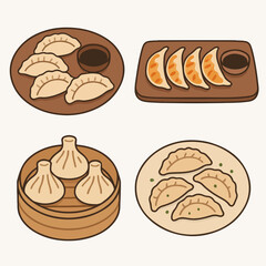 Asian dumplings. Cartoon traditional meat dumplings  Japanese gyoza and khinkali flat vector illustration set. Asian food plates