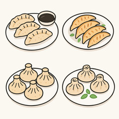 Asian dumplings. Cartoon traditional meat dumplings  Japanese gyoza and khinkali flat vector illustration set. Asian food plates