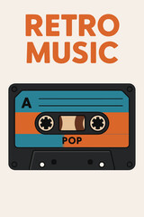 Retro music cassette poster. Audio tape backdrop, pop music album tape design flat vector background illustration. Cartoon old school music audio tape
