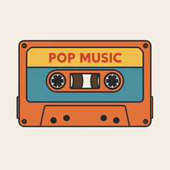 Retro music cassette poster. Audio tape backdrop, pop music album tape design flat vector background illustration. Cartoon old school music audio tape
