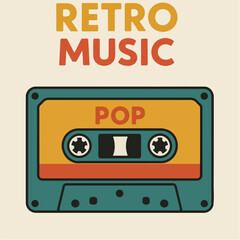 Retro music cassette poster. Audio tape backdrop, pop music album tape design flat vector background illustration. Cartoon old school music audio tape
