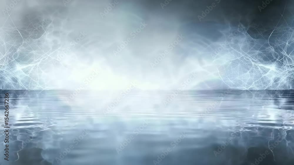 Poster a surreal, misty water surface with ethereal light and abstract neural-like patterns in the backgrou