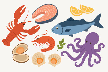 Sea food. delicious ocean seafood flat vector illustration set. Cartoon mediterranean diet food