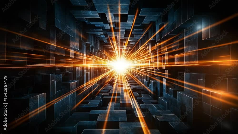 Poster a bright burst of light emanates from the center of a futuristic, geometric tunnel filled with dark 