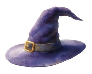 A watercolor painting of a purple witch hat with a gold buckle on a white background