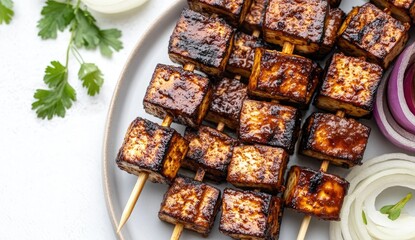 Grilled tofu skewers with a brown glaze