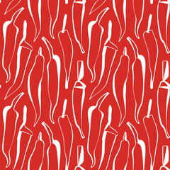 White chili pepper seamless pattern on red background in minimal line art style for kitchen decor or food packaging