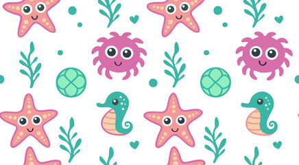 Fototapeta premium Cute doodle sea animal's seamless pattern background vector design