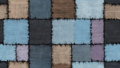 Close-Up View of a Vintage Patchwork Denim Fabric Texture with Various Shades of Blue, Brown, and Grey Squares Stitched Together, Creating a Rustic and Textured Background