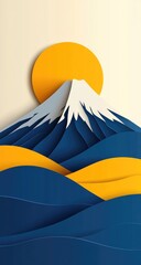 Papercut mountain scene, sun, and valleys