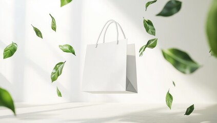 White paper shopping bag, floating, surrounded by falling green leaves against a white background