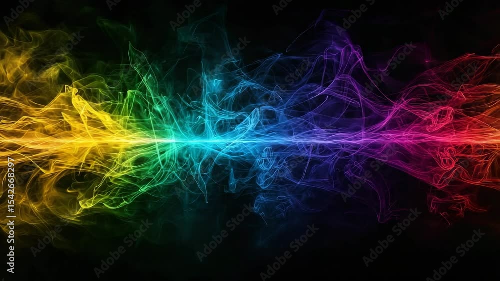 Poster a vibrant, abstract spectrum of swirling colors radiates horizontally across a dark background.