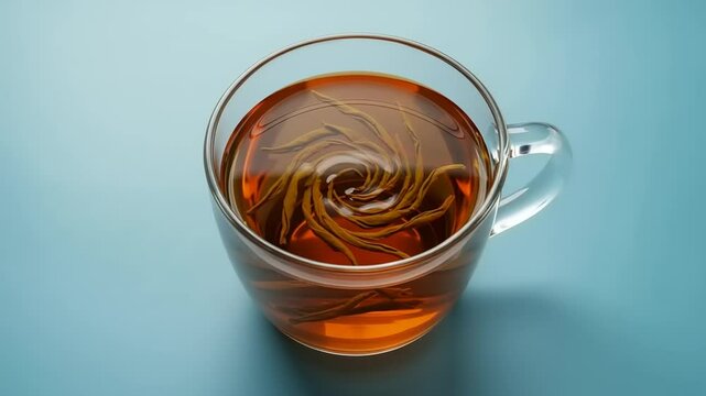 Swirling tea leaves in a glass cup on a smooth blue surface, creating a mesmerizing pattern