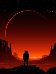 Astronaut on alien landscape, vibrant sunset