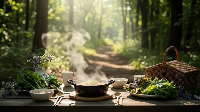 Outdoor picnic scene in lush forest with delicious food