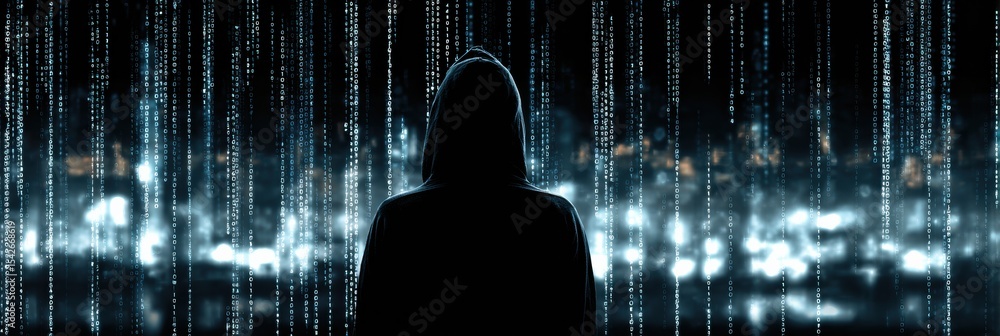 Poster Silhouette of a Hacker Surrounded by Flowing Data in an Abstract, Glowing Digital Environment at Nighttime