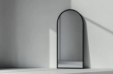 Arch mirror in a minimalist white room. Sunlight casts shadows