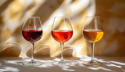 Three wine glasses, red, ros?, and white, under sunlit shadows