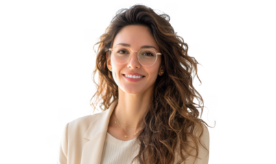 A confident young woman with curly hair and glasses smiles warmly at the camera. dressed in a light blazer. set against a bright. minimalistic background. ideal for professional and lifestyle imagery