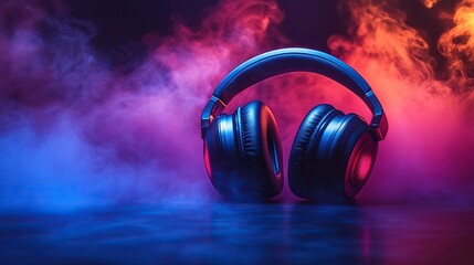Headphones, smoky studio, neon lights, music, ad