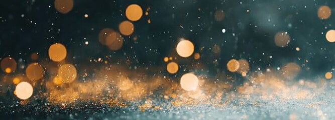 A dark cosmic backdrop sparkles with multicolored lights. Tiny particles float gently, creating a mesmerizing visual effect, reminiscent of distant galaxies and shimmering stars