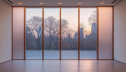 A wide window with light pink frosted glass panels, set within a solid wooden frame, is complemented by a clean white interior wall inside the room,
