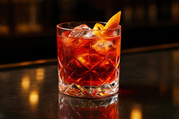 Negroni Cocktail with Orange Twist in Crystal Glass