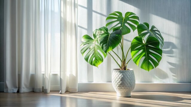 Serene indoor scene featuring a vibrant tropical plant in a textured white pot, basking in sunlight streaming through sheer curtains