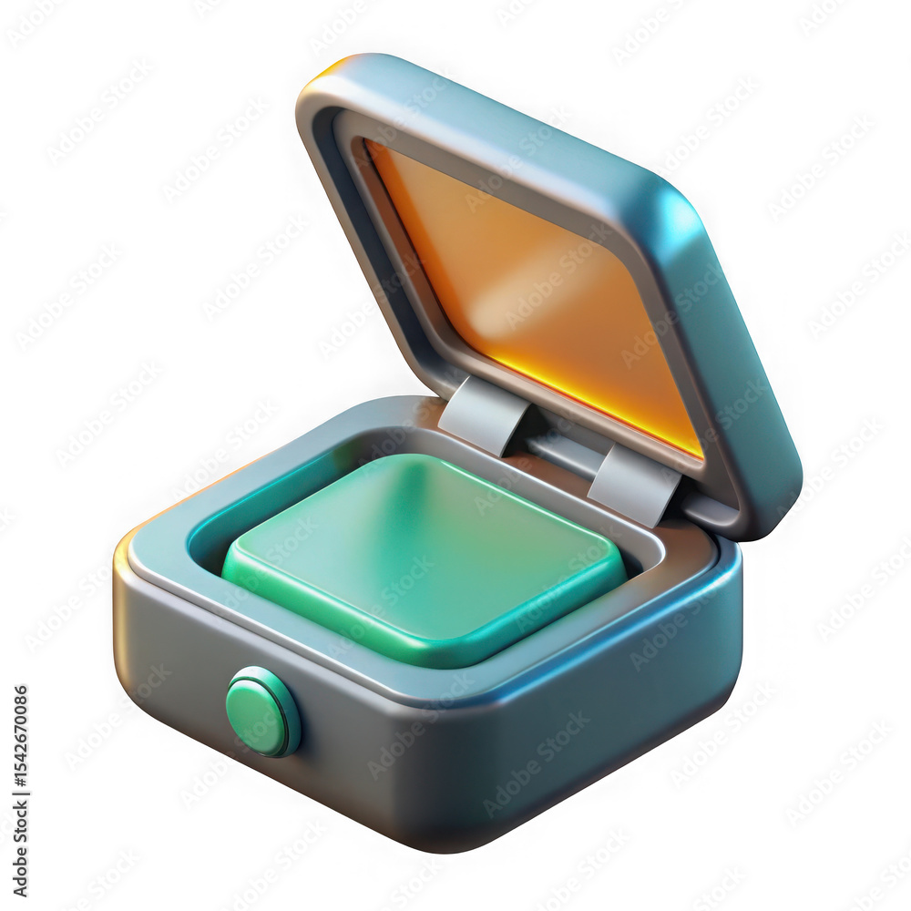 Poster 3d render metallic open box with teal button inside isolated on transparent background