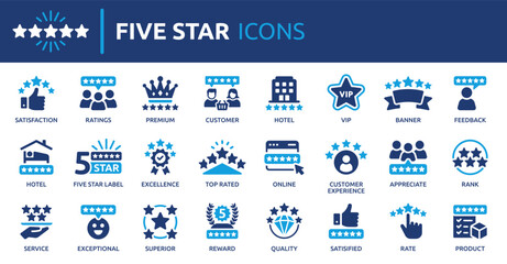 Five star icon set. Containing satisfaction, review, rating, premium, quality, 5 star, feedback, excellence and more. Solid vector icons collection.