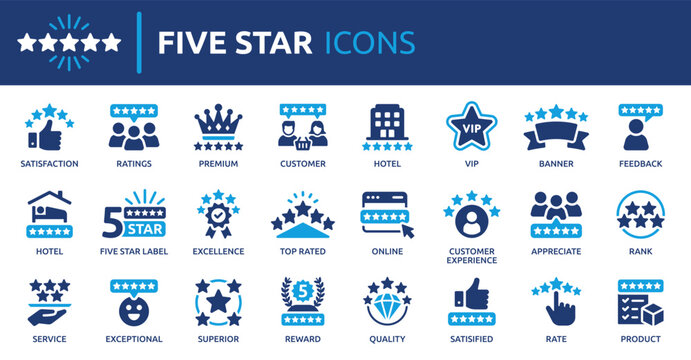 Five star icon set. Containing satisfaction, review, rating, premium, quality, 5 star, feedback, excellence and more. Solid vector icons collection.