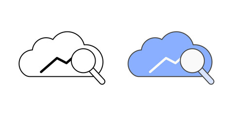 Usage analytics dashboard icon with a cloud, line chart, and magnifier, in outline and color styles, ideal for illustrating cloud performance tracking, user behavior metrics, and SaaS data insights.
