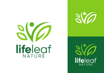 happy people with leaf nature health care logo vector design concept