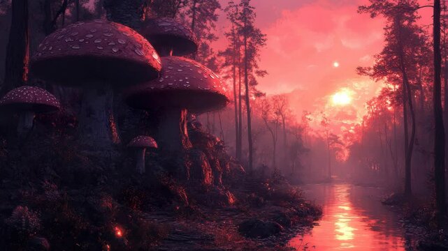 An image of mushrooms in the forest at sunset