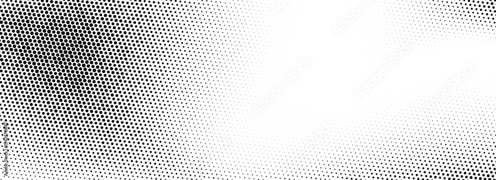 Aufkleber Grunge halftone gradient texture. Black weathered grit noise background. Retro pixelated backdrop. Fading gritty sand wallpaper. Anime or manga style comic overlay. Vector textured template surface