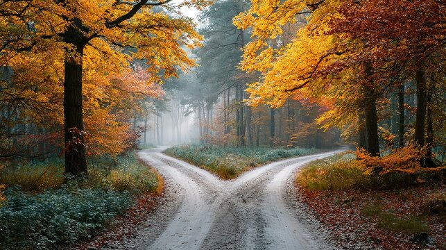 A forked road through golden autumn woods, symbolizing life's choices in nature's quiet embrace.