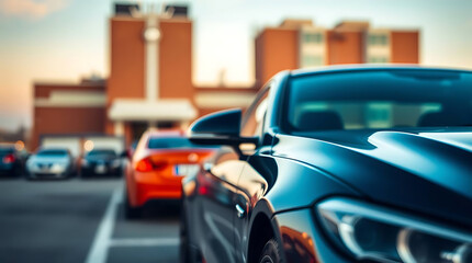 A Row of Cars Parked in an Urban Parking Lot in Front of Building