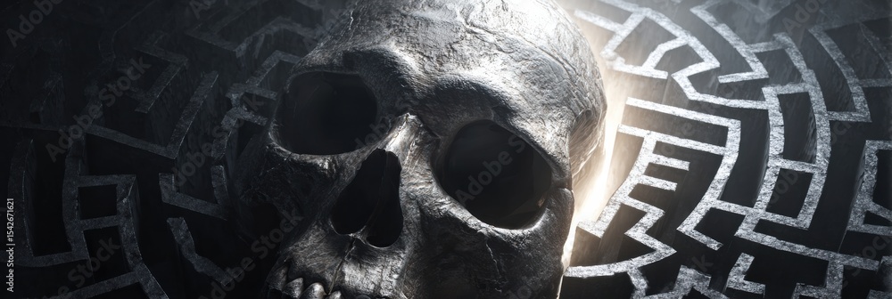 Poster maze forming inside a skull with a glowing exit in the far corner