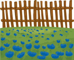 leaning fence with blue flowers vector icon for outdoor landscape, gardening or countryside scenery