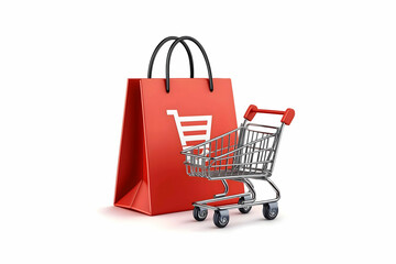 A red shopping bag with a white cart icon stands next to a miniature shopping cart, symbolizing retail and online shopping.