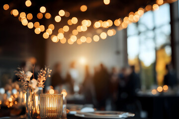 Warm, cozy restaurant interior with decorative string lights and a softly focused ambiance, featuring a table setting and elegant glassware.