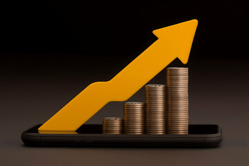 Stacked coins on a smartphone with an upward yellow arrow symbolize financial growth and digital investment.