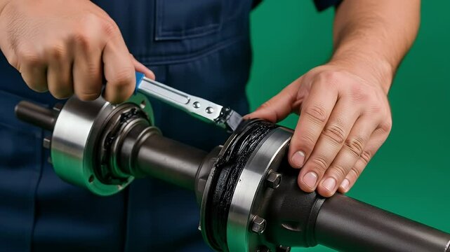 Person applying lubricant to mechanical component closeup view of repair work on vehicle drivetrain part