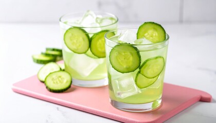 Green healthy lime and cucumber fruit drink in a glass with ice