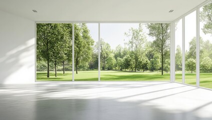 Fototapeta premium Bright, modern room with large windows showcasing a lush park
