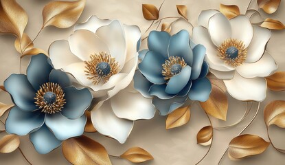 Floral wallpaper design with white and blue flowers, gold accents