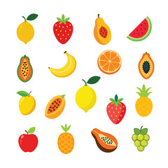 A colorful collection of fruits and vegetables in flat design on white background