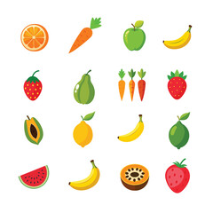 A colorful collection of fruits and vegetables in flat design on white background