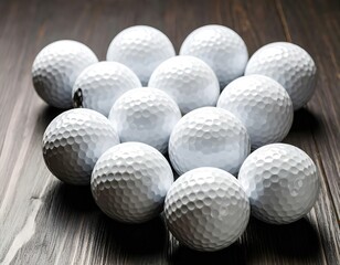 A group of white golf balls neatly arranged on a smooth surface with soft lighting and shadows.